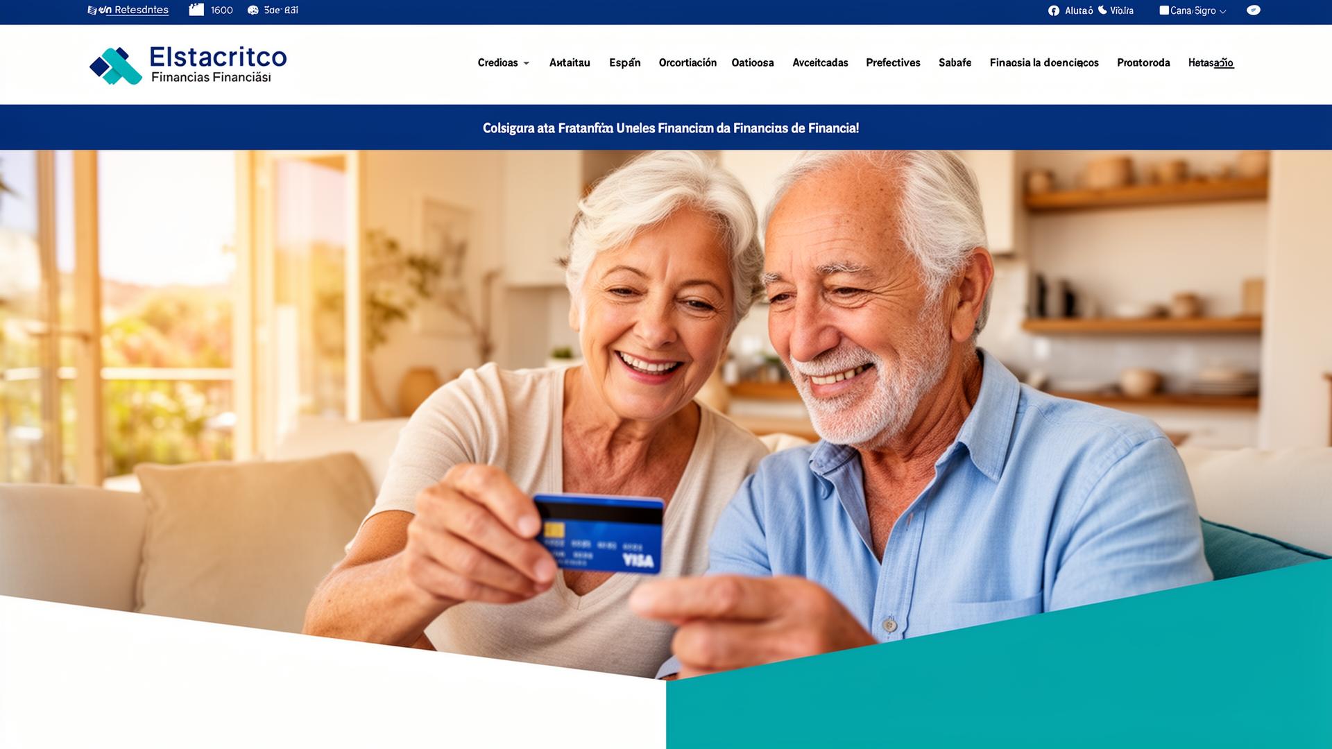 Pareja de jubilados españoles sonriendo con tarjeta de crédito